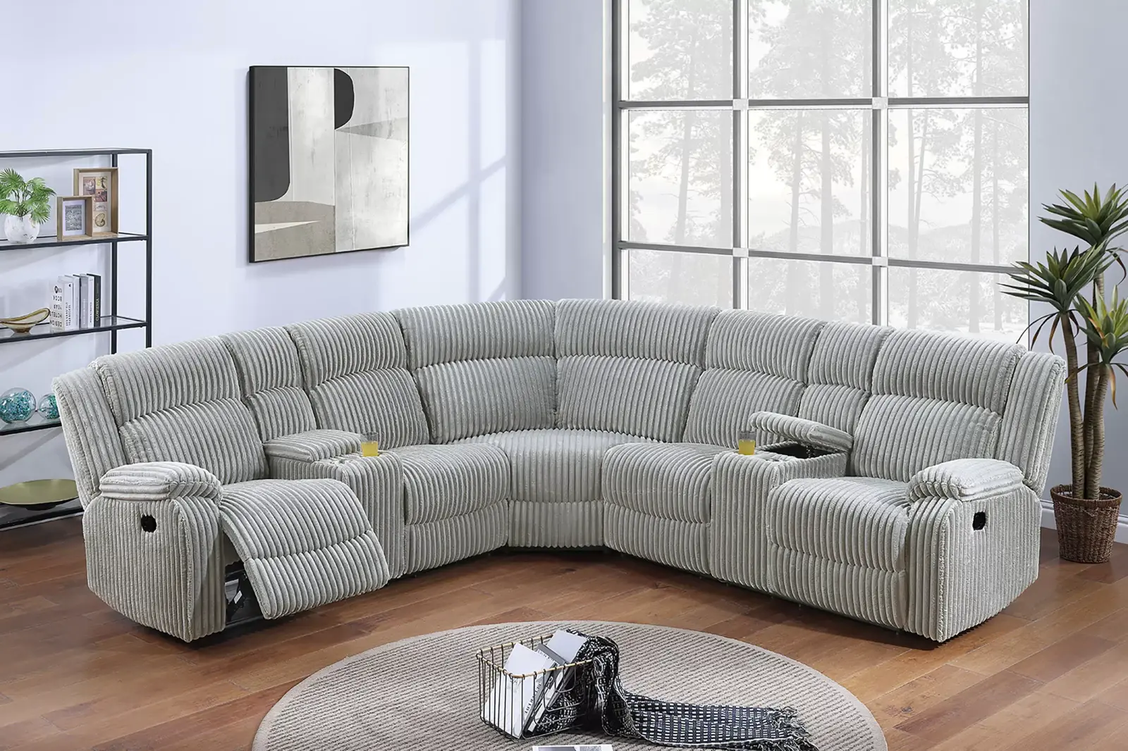 Ash Corduroy Power Reclining Sectional with Dual Charging Consoles, official Poundex view 1 of exact F86635