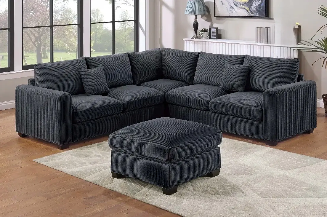 Black Corduroy Sectional Sofa with Ottoman