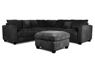 Poundex F8302 black corduroy sectional, front angle with matching ottoman.