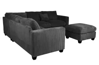 Poundex F8302 black corduroy sectional, rear-side configuration.