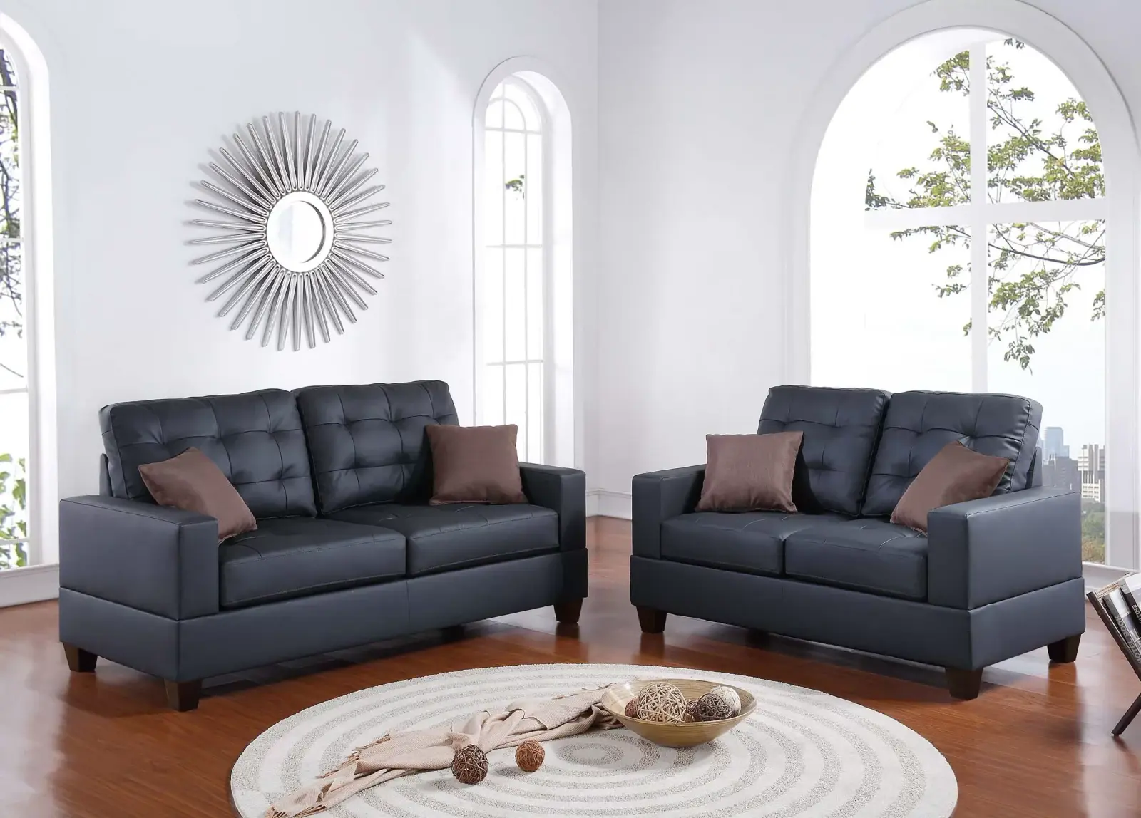 Black Faux-Leather Tufted Two-Piece Sofa and Loveseat Set, official Poundex view 1 of the exact F7855 sofa-and-loveseat set