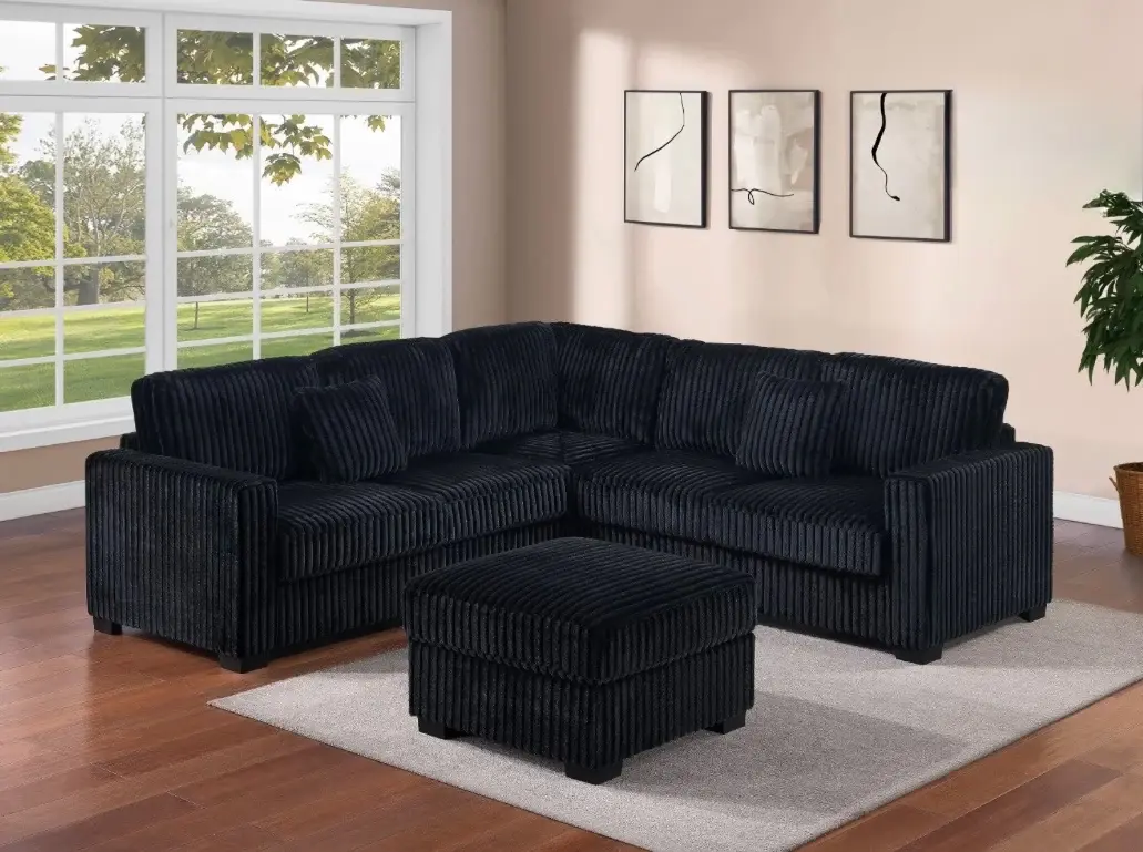 Black Jumbo Corduroy Sectional Sofa with Ottoman