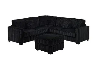 Poundex F8353 black jumbo corduroy sectional, front angle with matching ottoman.