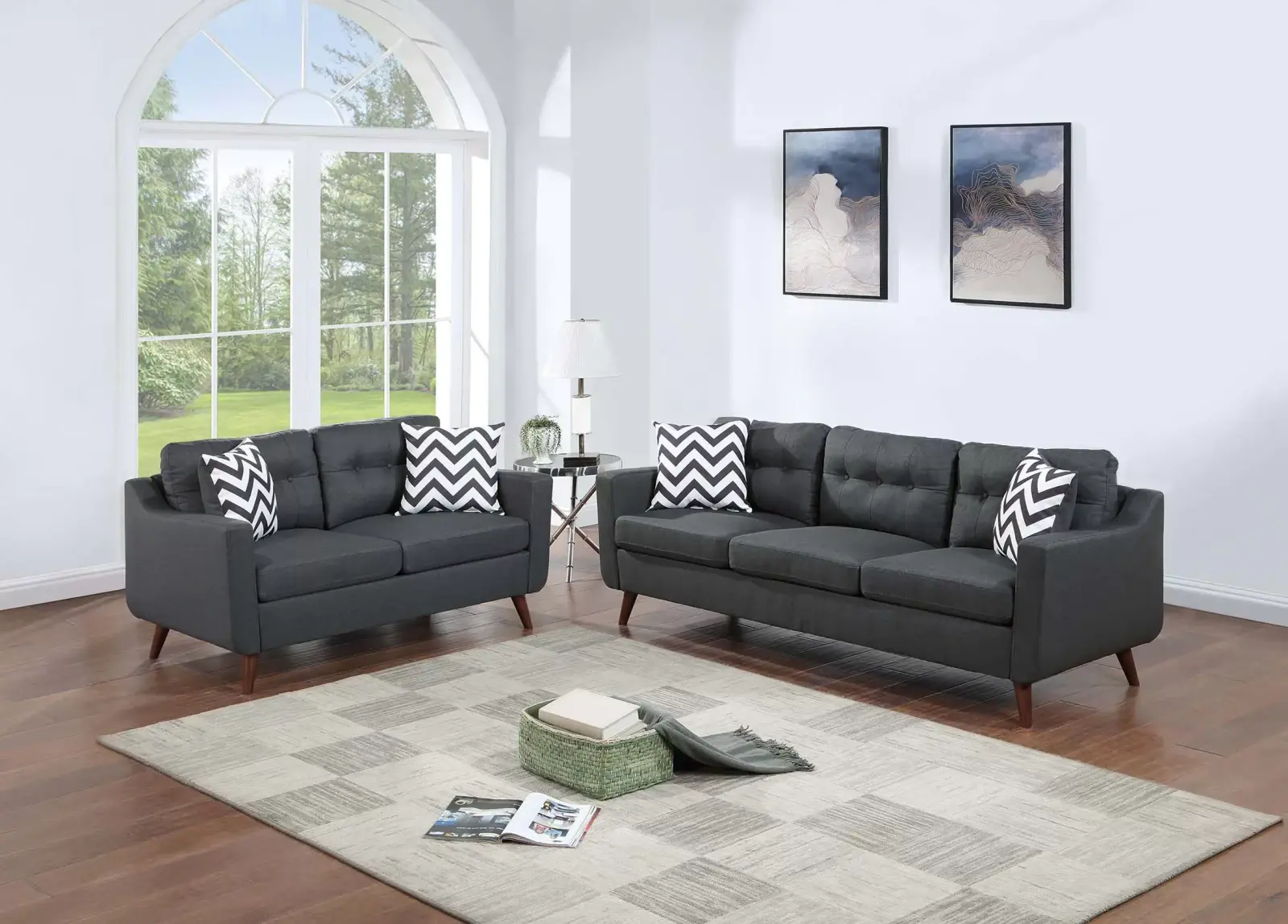 Black Linen-Look Button-Tufted Two-Piece Sofa and Loveseat Set, official Poundex view 1 of the exact F8443 sofa-and-loveseat set