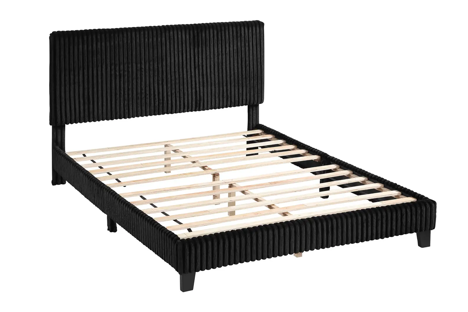Cama plataforma Queen negra de pana, vista oficial de Poundex 1 de la configuración F9690Q