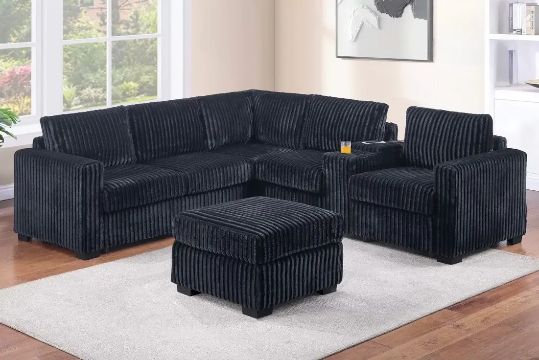 Black Reversible Corduroy Sectional Sofa with Ottoman