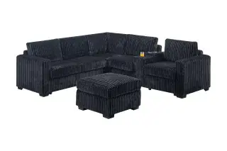 Full-product angle of the Poundex F8344 black corduroy sectional and matching ottoman; only the sectional and ottoman are included.
