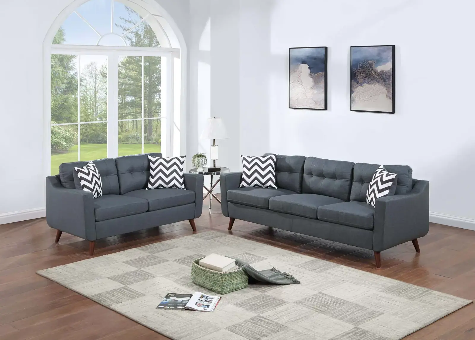 Blue Gray Linen-Look Button-Tufted Two-Piece Sofa and Loveseat Set, official Poundex view 1 of the exact F8444 sofa-and-loveseat set