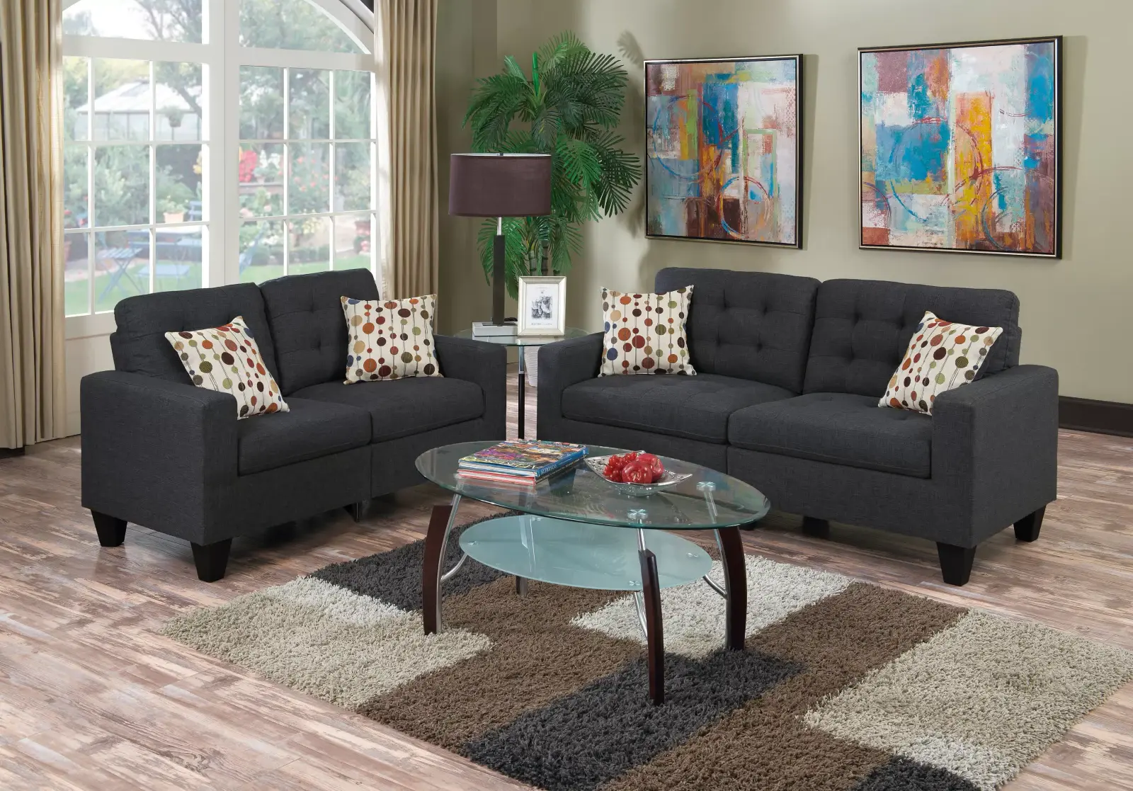 Blue Gray Linen-Look Tufted Two-Piece Sofa and Loveseat Set, official Poundex view 1 of the exact F6901 sofa-and-loveseat set