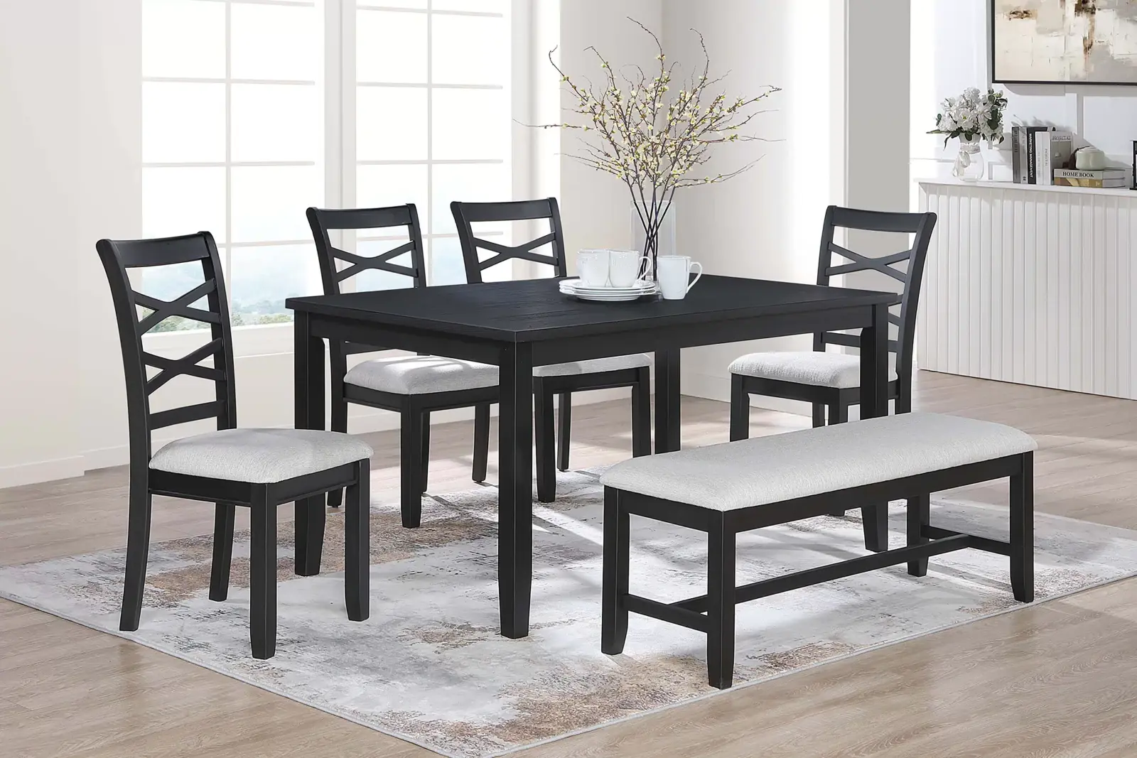 Charcoal Six-Piece Dining Set with Bench, official Poundex view 1 of the F2637 configuration