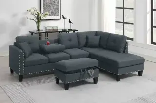 Complete F8886 charcoal three-piece sectional with storage ottoman