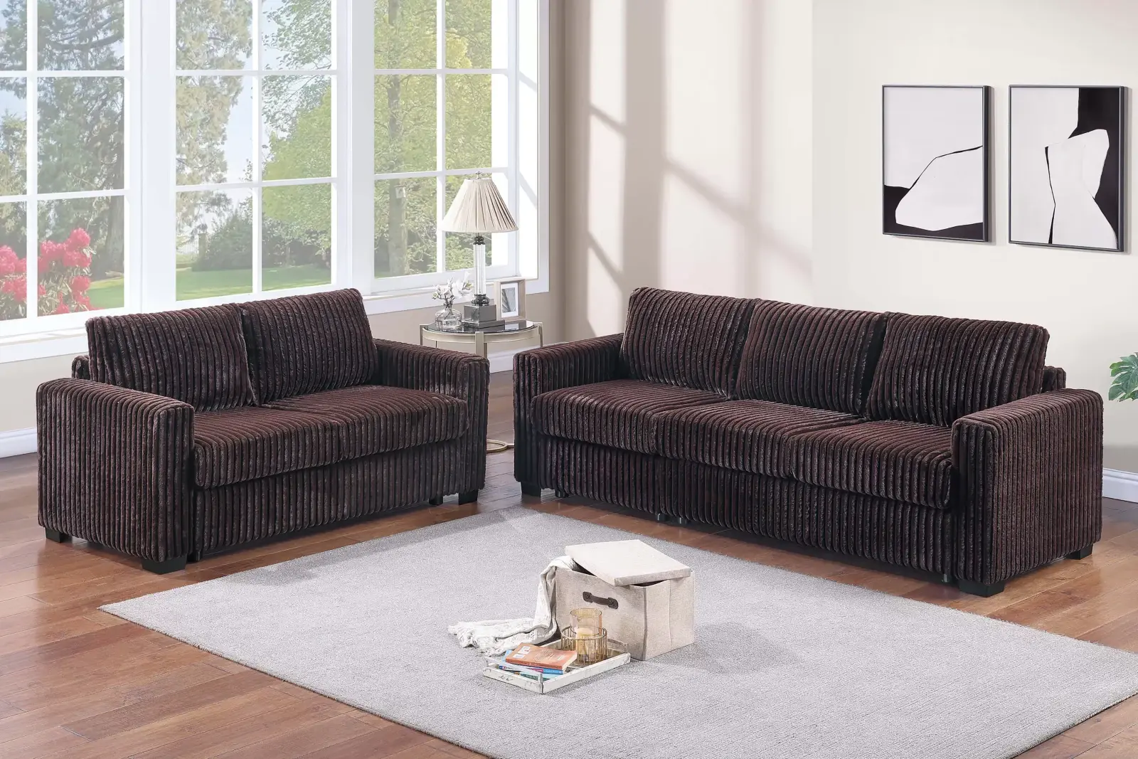 Juego de sala de dos piezas en Café: sofá y loveseat de pana ancha, vista oficial de Poundex 1 del juego exacto de sofá y loveseat F8352