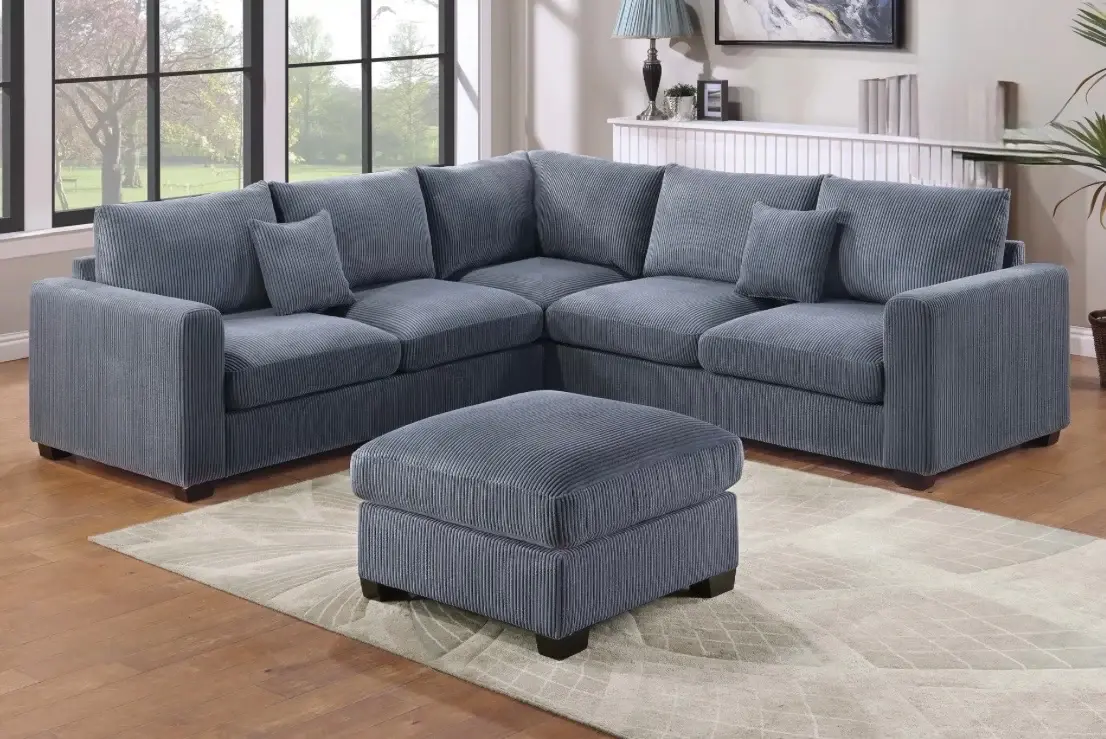 Dark Gray Corduroy Sectional Sofa with Ottoman