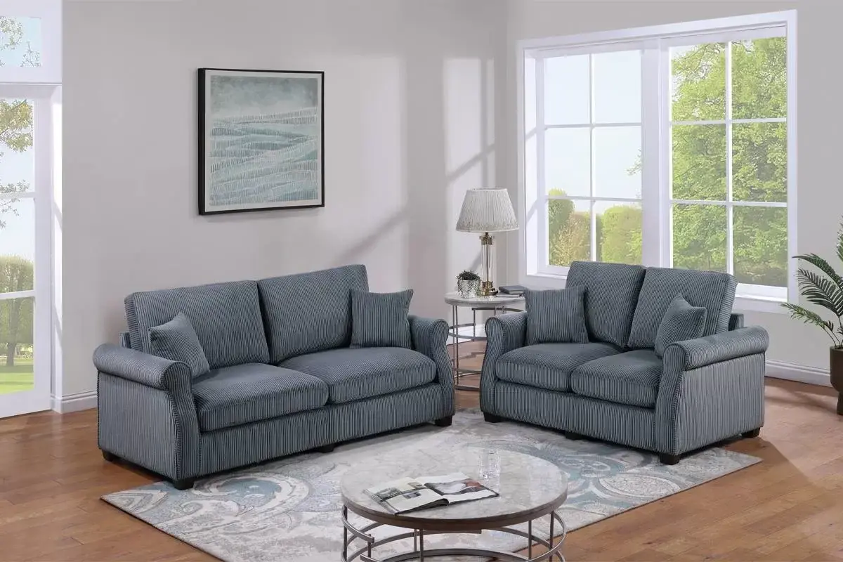 Dark Gray Sloped-Arm Corduroy Two-Piece Sofa and Loveseat Set, official Poundex view 1 of the exact F8429 sofa-and-loveseat set