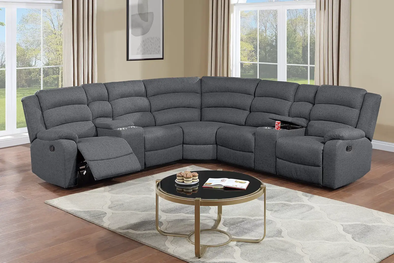 Dark Gray Three-Piece Manual Reclining Sectional with Consoles, official Poundex view 1 of exact F8100