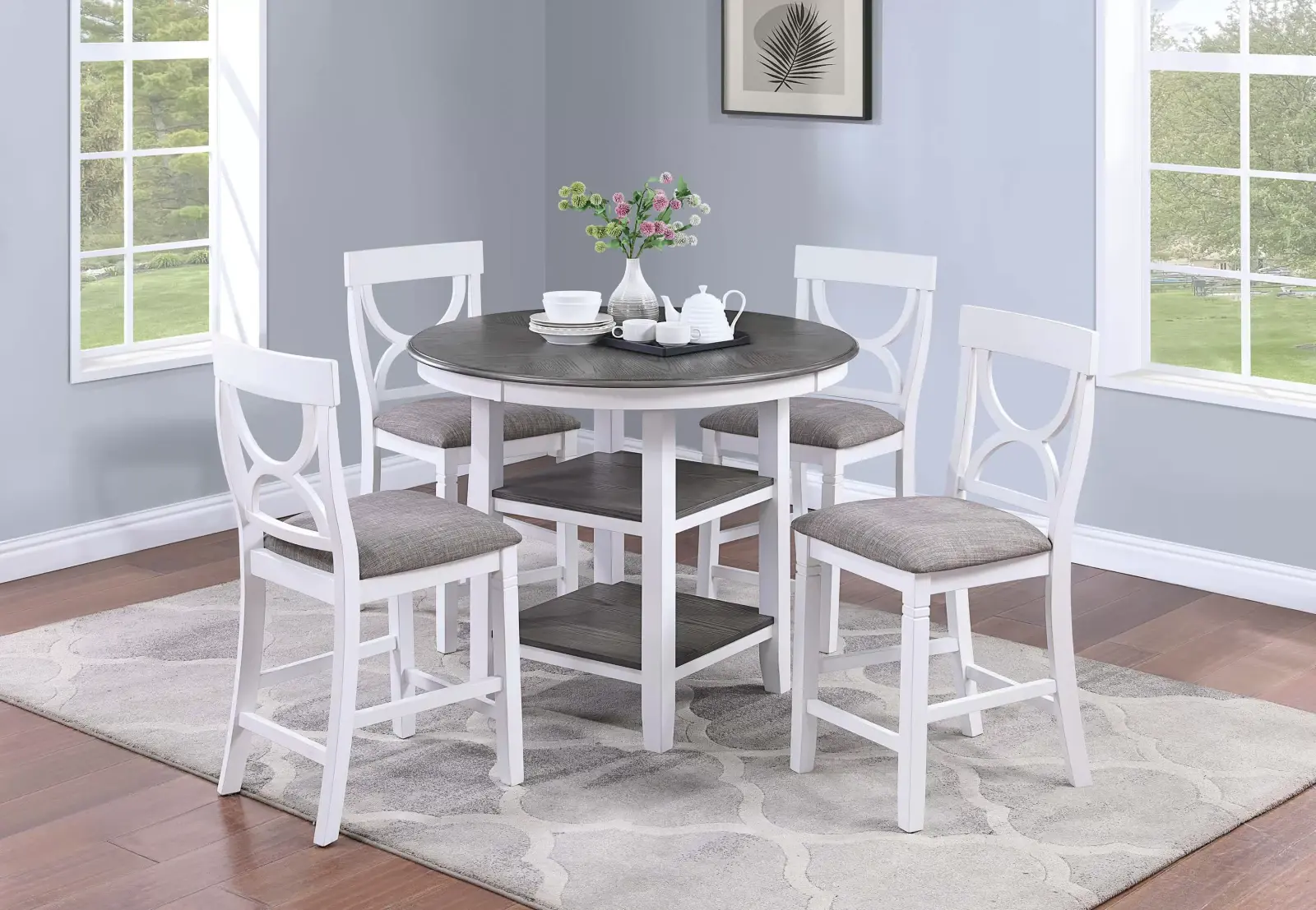 Distressed White Round Five-Piece Counter-Height Dining Set, official Poundex view 1 of the F2625 configuration
