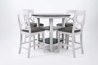 Distressed White Round Five-Piece Counter-Height Dining Set, official Poundex view 3 of the F2625 configuration