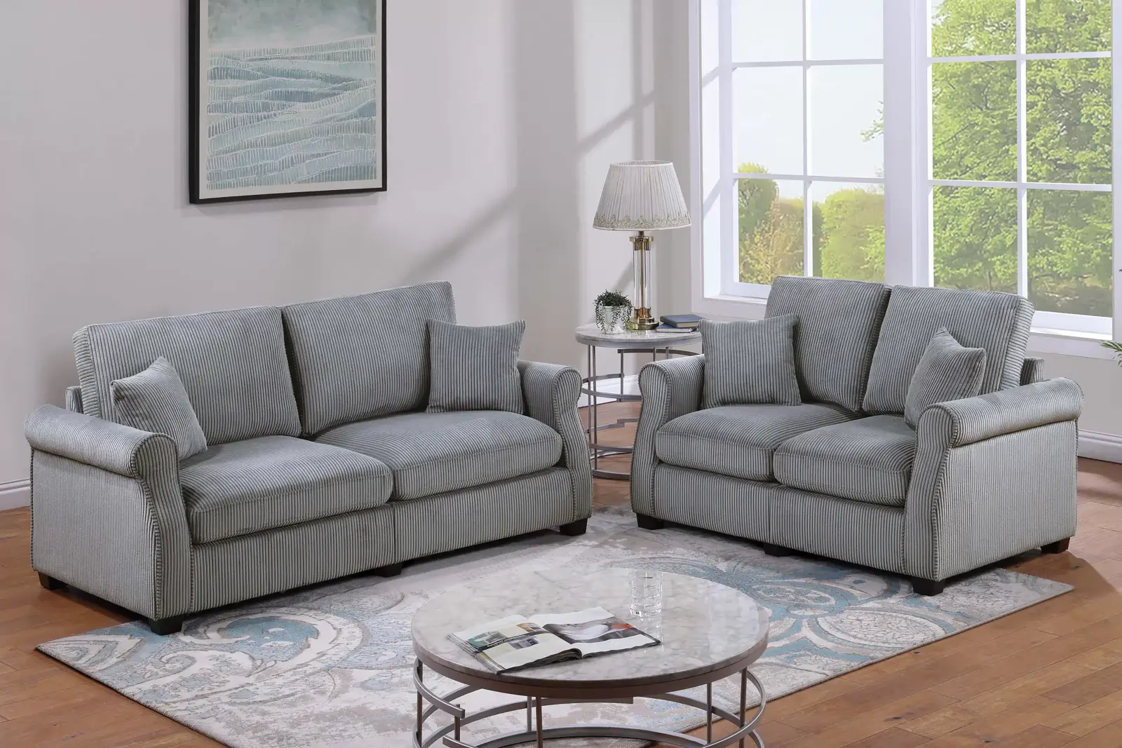Fog Sloped-Arm Corduroy Two-Piece Sofa and Loveseat Set, official Poundex view 1 of the exact F8498 sofa-and-loveseat set