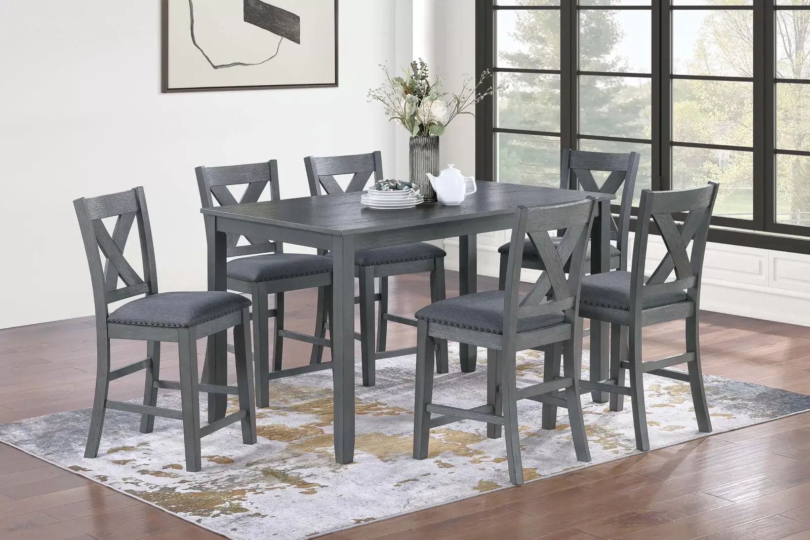 Juego de comedor alto gris de siete piezas, vista oficial de Poundex 1 de la configuración F2639