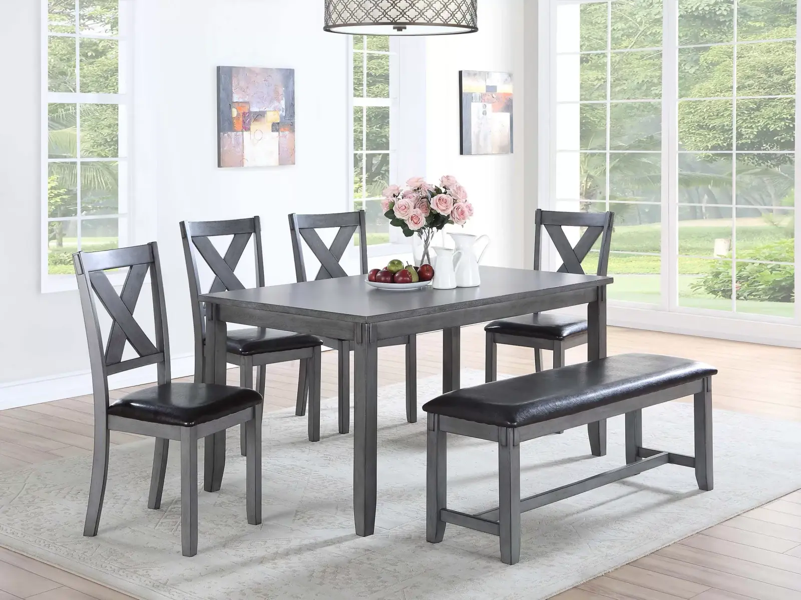 Gray Six-Piece Dining Set with Bench, official Poundex view 1 of the F2548 configuration