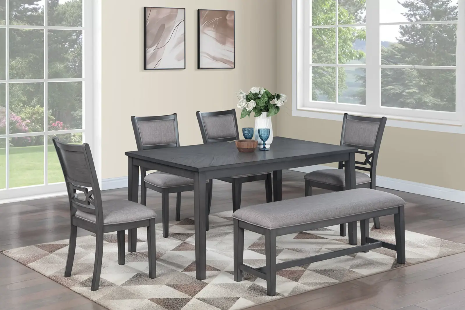 Gray Six-Piece Dining Set with Bench, official Poundex view 1 of the F2634 configuration