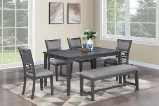 Gray Six-Piece Dining Set with Bench, official Poundex view 1 of the F2634 configuration