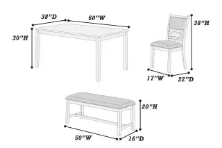 Gray Six-Piece Dining Set with Bench, official Poundex view 4 of the F2634 configuration