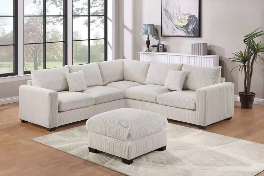 Ivory Corduroy Sectional Sofa with Ottoman
