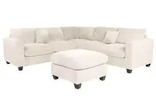 Poundex F8891 ivory corduroy sectional, front angle with matching ottoman.