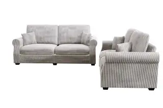 Ivory Sloped-Arm Corduroy Two-Piece Sofa and Loveseat Set, official Poundex view 3 of the exact F8499 sofa-and-loveseat set