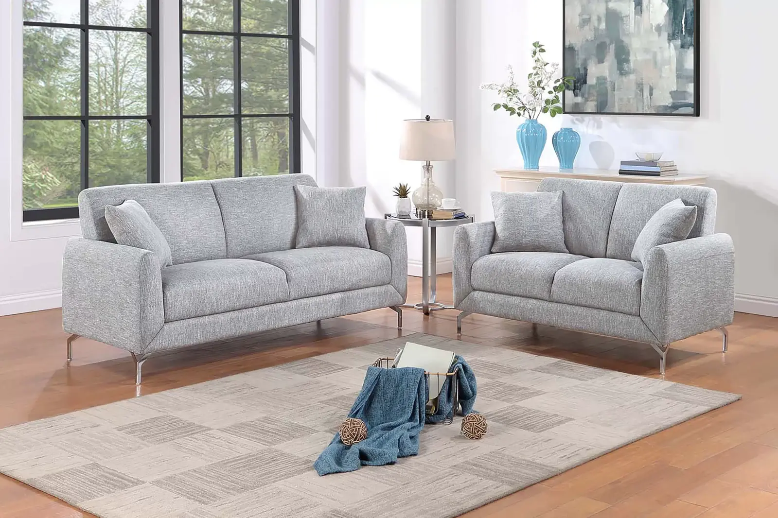 Light Gray Burlap-Look Chrome-Leg Two-Piece Sofa and Loveseat Set, official Poundex view 1 of the exact F8438 sofa-and-loveseat set