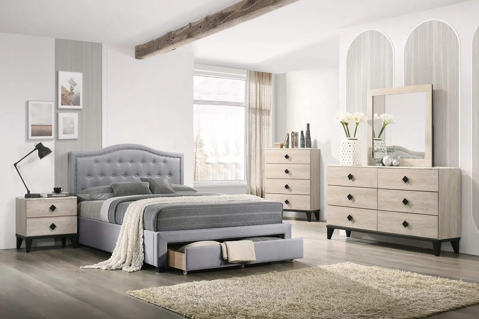 Light Gray California King Bed with Drawer F9528CK, official Poundex view 1