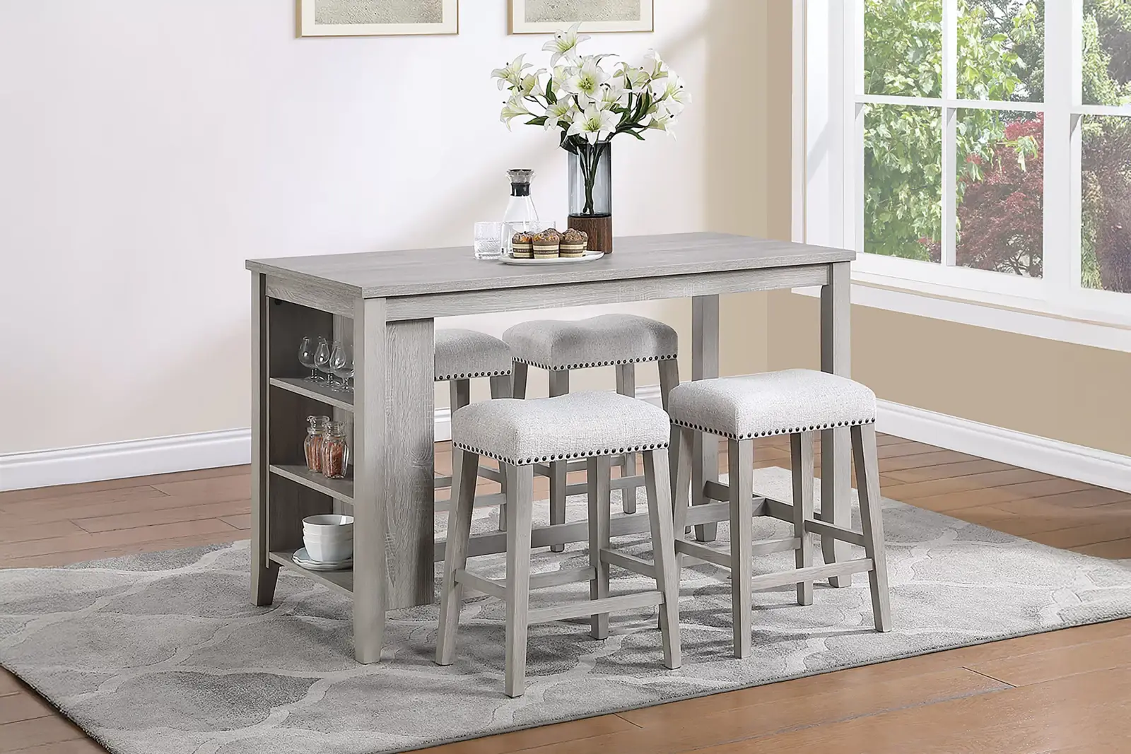 Light Gray Five-Piece Counter-Height Dining Set with Stools, official Poundex view 1 of the F2643 configuration