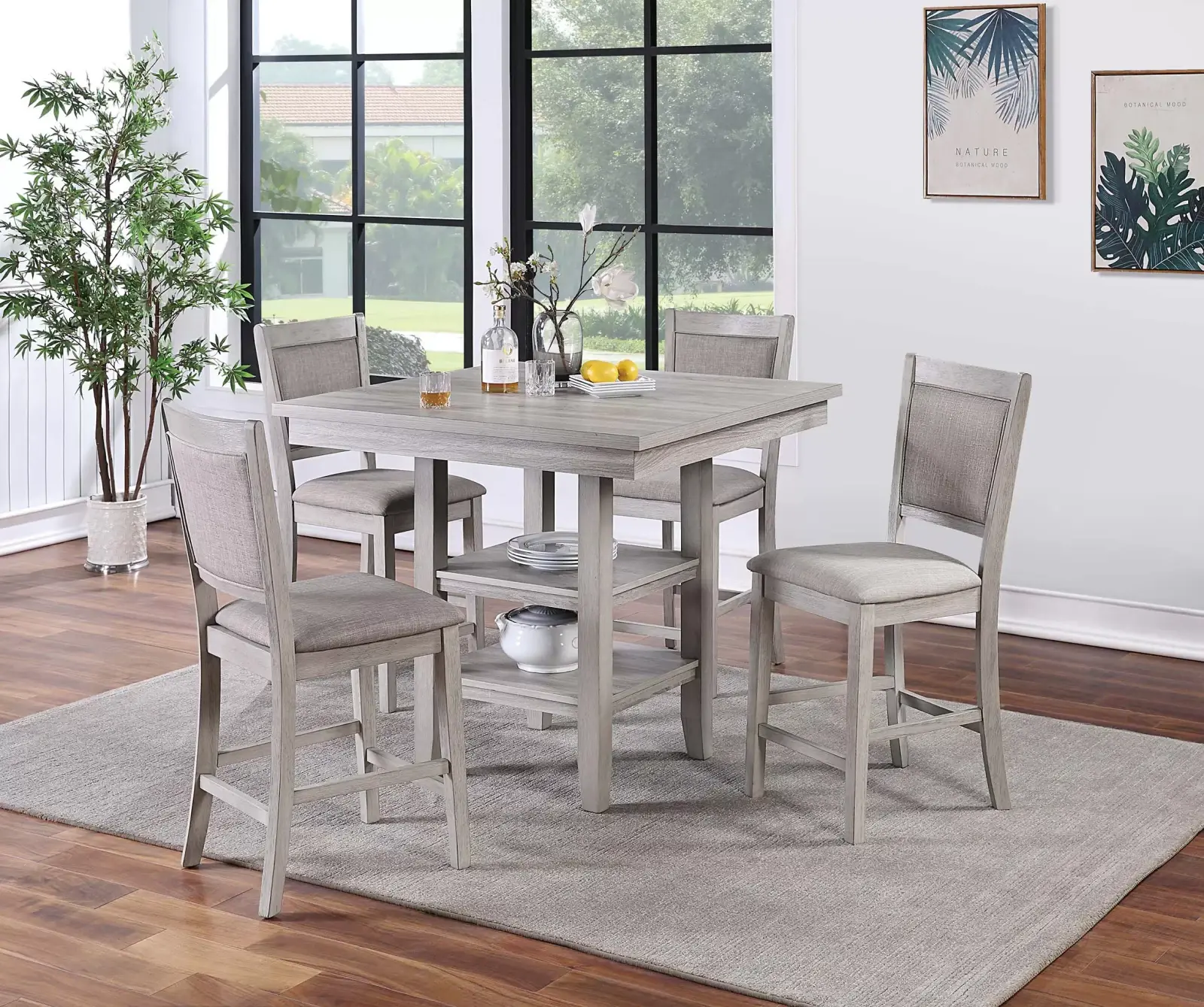 Juego de comedor alto gris rústico de cinco piezas, vista oficial de Poundex 1 de la configuración F2604
