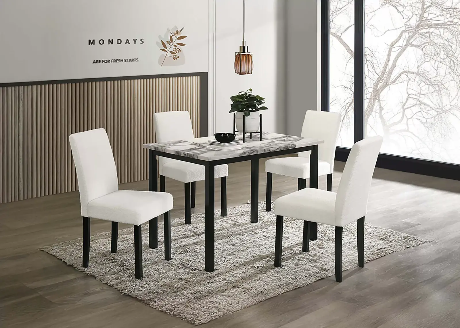 White Five-Piece Faux-Marble Dining Set, official Poundex view 1 of the F2629 configuration