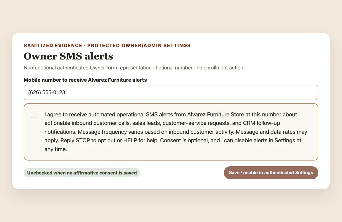 Captura depurada del formulario de Propietario con el número móvil ficticio encima del consentimiento SMS sin seleccionar