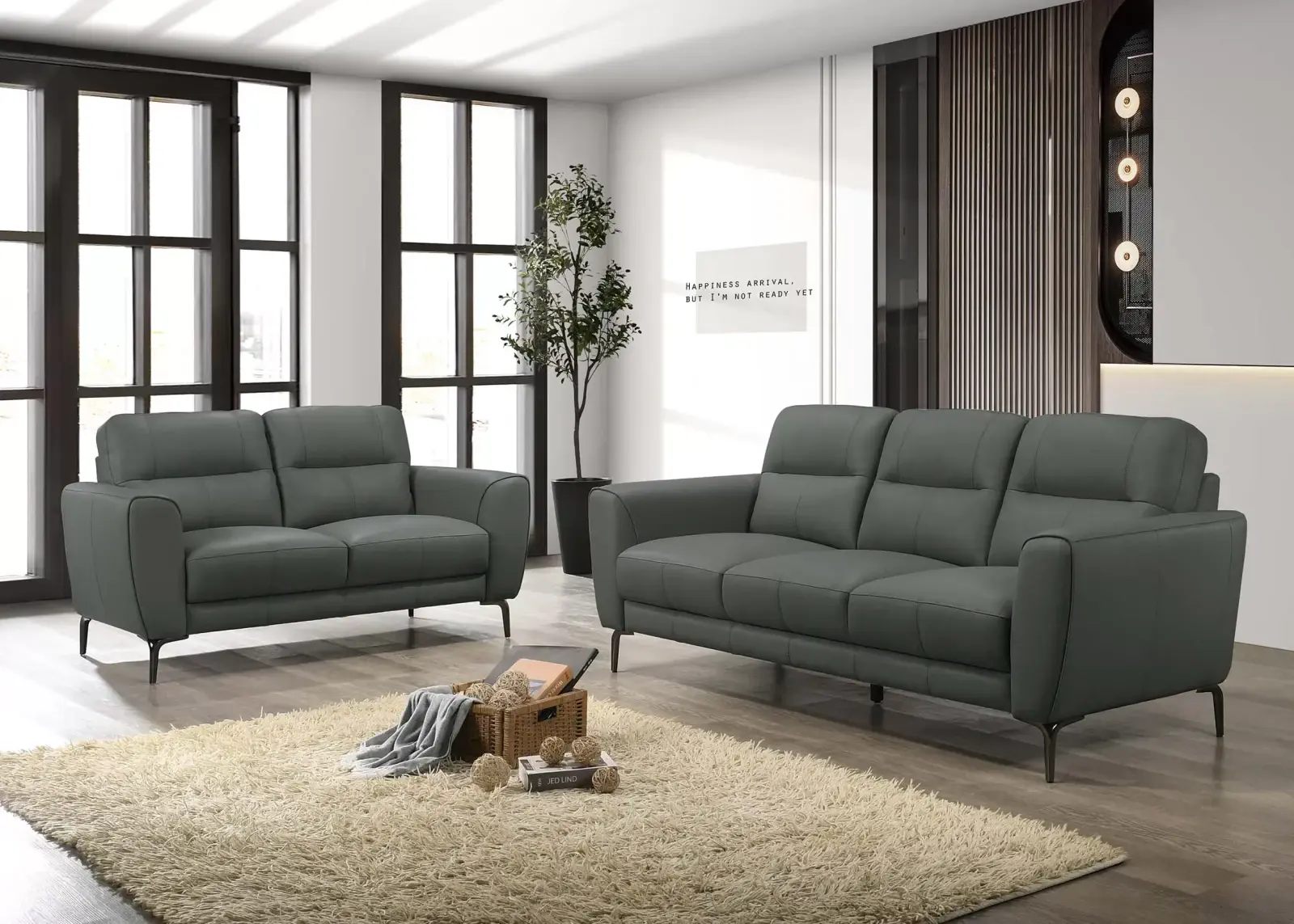 Anthracite (Dark Gray) Leather Two-Piece Sofa and Loveseat Set, official Poundex view 1 of the exact F8419 sofa-and-loveseat set