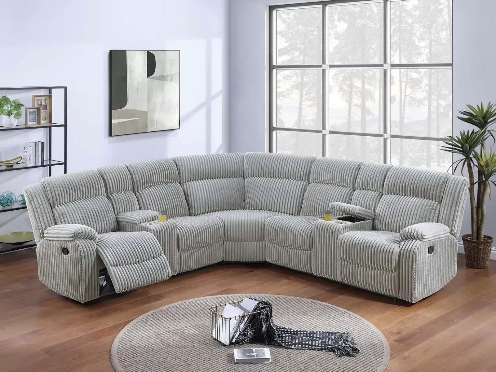 Ash Fur-Like Corduroy Manual Reclining Sectional with Two Consoles, official Poundex view 1 of exact F8128