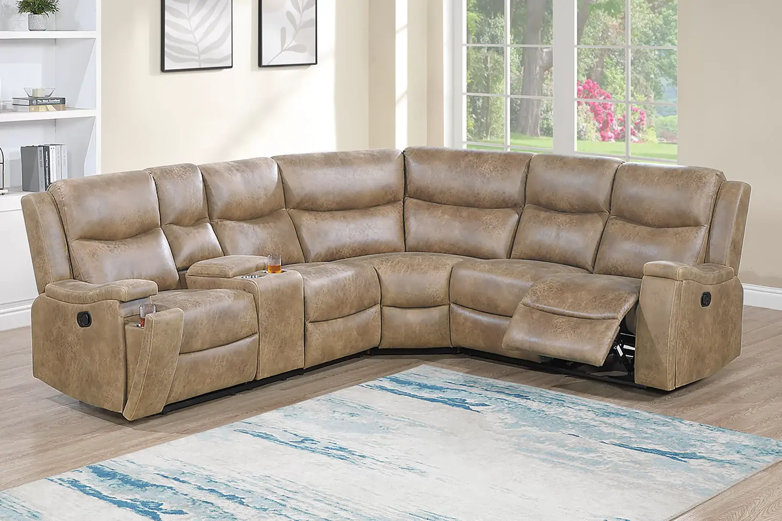 Auburn Leather-Like Manual Reclining Sectional with Hidden Cup Holders, official Poundex view 1 of exact F8160