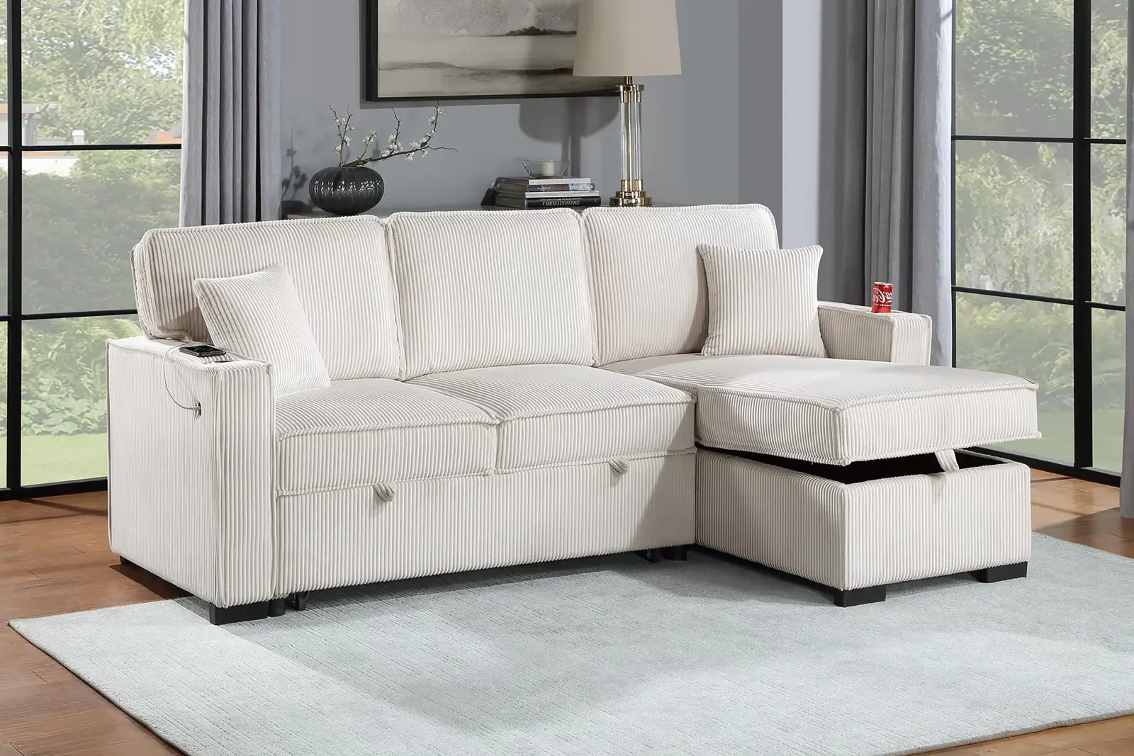 Beige Convertible Sectional with Storage Chaise, official Poundex view 1 of the approved F8544 configuration
