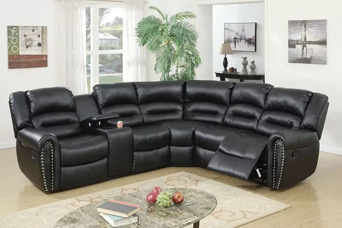 Black Bonded-Leather Manual Reclining Sectional with Storage Console, official Poundex view 1 of exact F6743