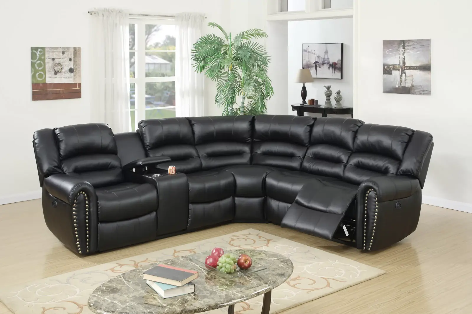 Seccional reclinable eléctrico negro de cuero regenerado con consola y carga USB, vista oficial de Poundex 1 del producto exacto F86612