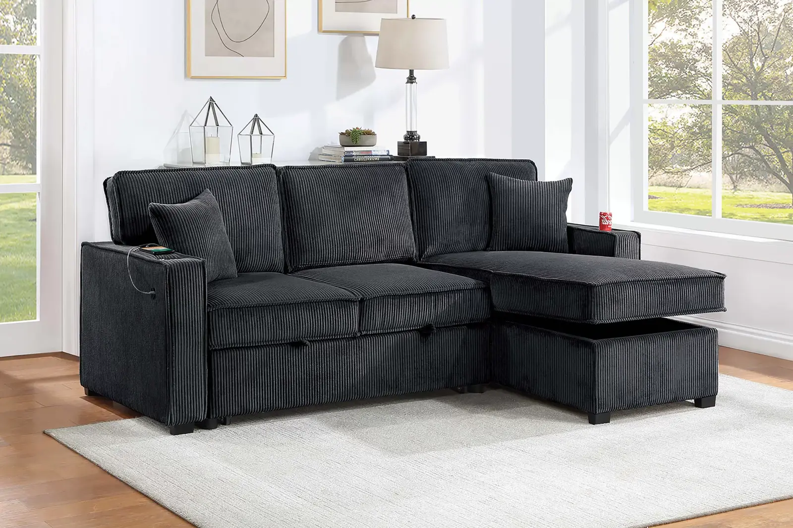 Black Convertible Sectional with Storage Chaise, official Poundex view 1 of the approved F8572 configuration