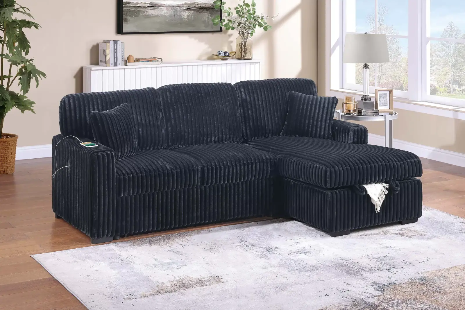 Seccional convertible negro con mesa y almacenamiento, vista oficial de Poundex 1 de la configuración aprobada F8574