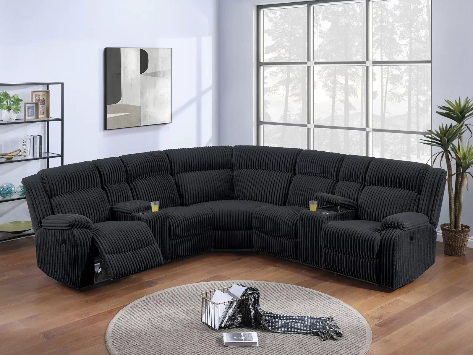 Black Corduroy Power Reclining Sectional with Dual Charging Consoles, official Poundex view 1 of exact F86640
