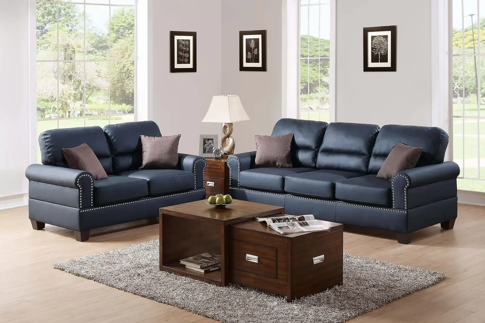 Black Faux-Leather Button-Trim Two-Piece Sofa and Loveseat Set, official Poundex view 1 of the exact F7877 sofa-and-loveseat set