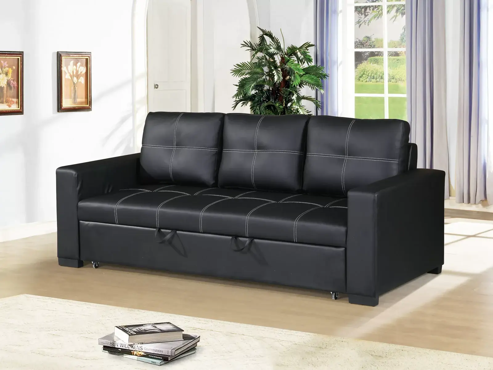 Sofá convertible negro de cuero sintético, vista oficial de Poundex 1 de la configuración aprobada F6530