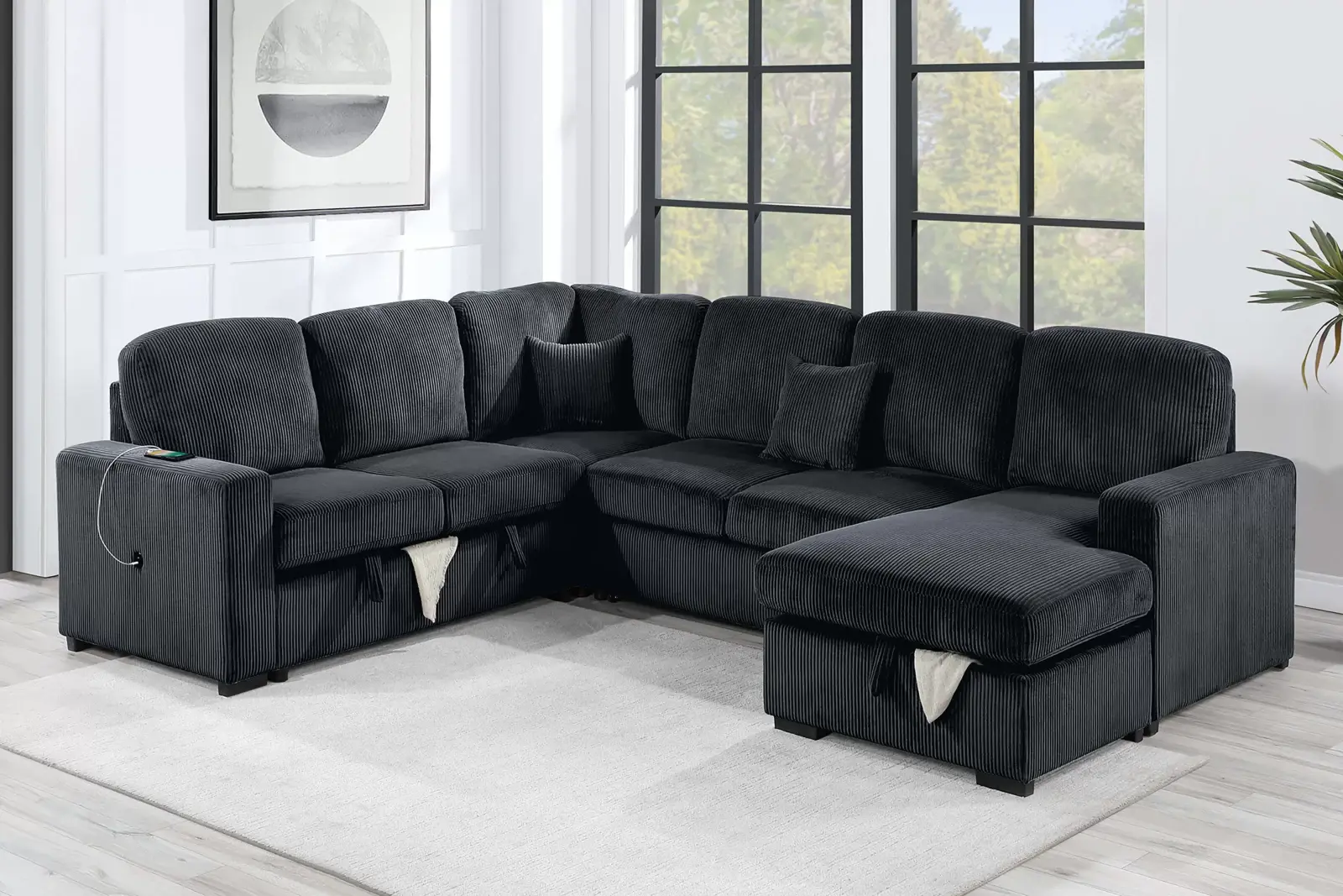 Seccional convertible negro de cuatro piezas, vista oficial de Poundex 1 de la configuración aprobada F8565