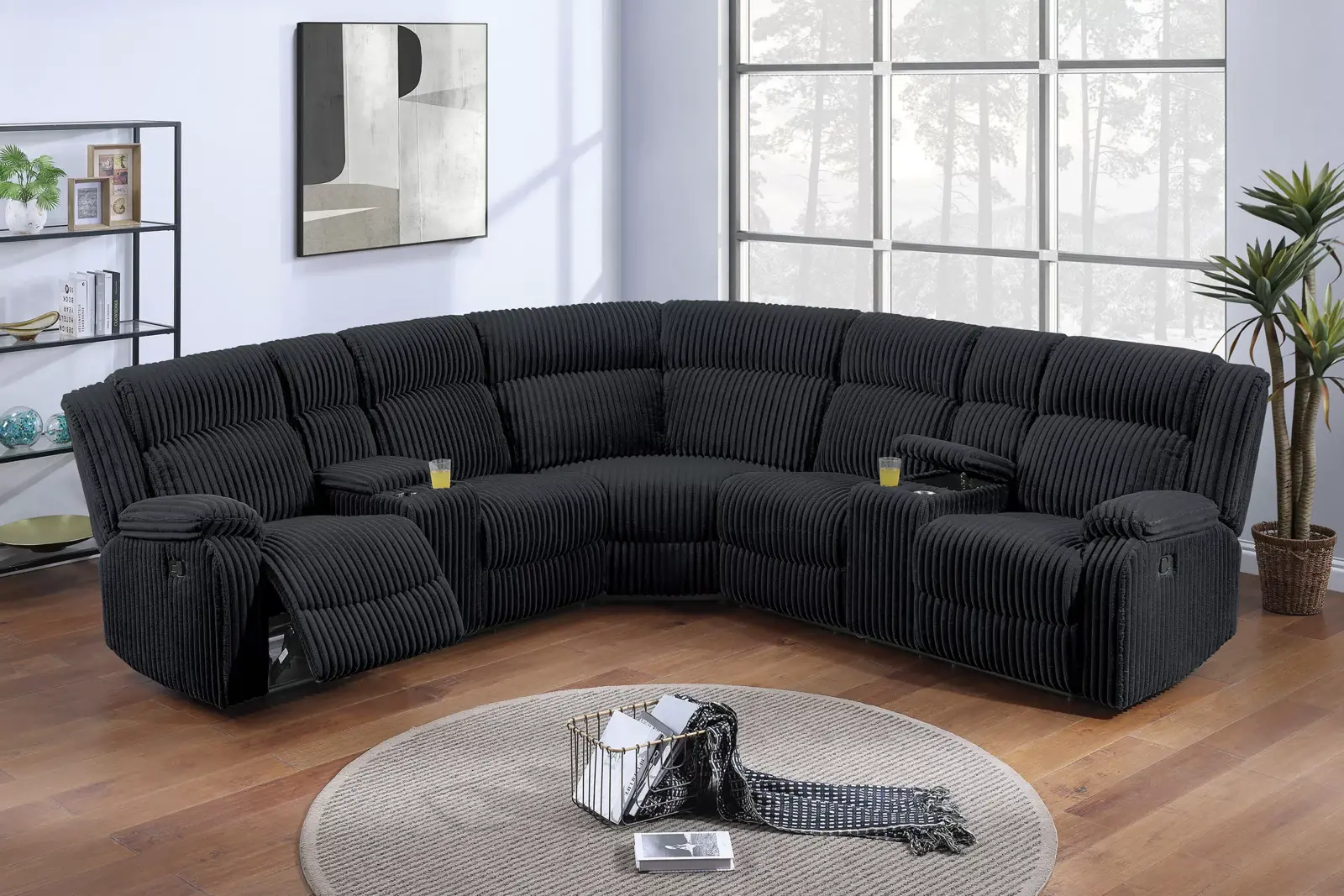 Black Fur-Like Corduroy Manual Reclining Sectional with Two Consoles, official Poundex view 1 of exact F8170