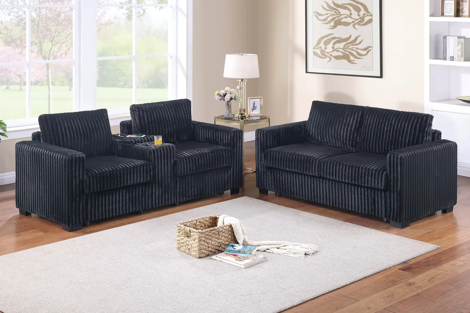Black Fur-Like Jumbo-Corduroy Two-Piece Sofa and Loveseat Set with Charging Console, official Poundex view 1 of the exact F8350 sofa-and-loveseat set